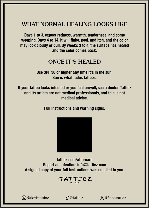 Tattiez aftercare card, back: what normal healing looks like, sun protection, and how to reach Tattiez